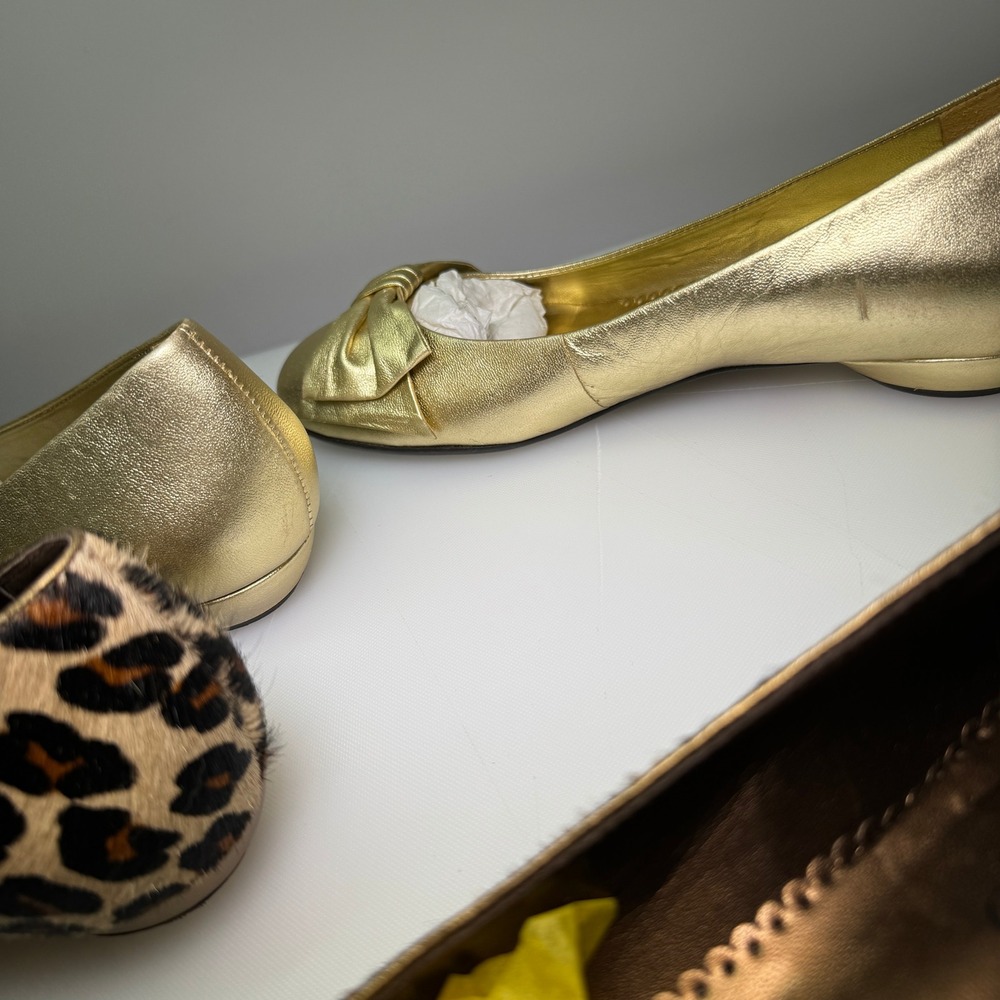 New Lot of 2 Pair Franco Sarto Flats Women 7.5 Gold and Leopard Bow Shoes - Picture 4 of 11
